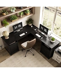 Aheaplus Corner L-Shape Desk with Charging Station and File Cabinet