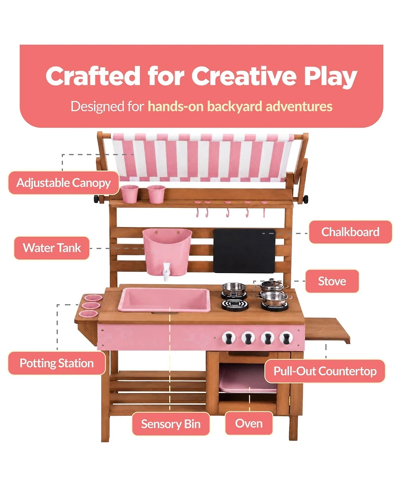 Best Choice Products Deluxe Wooden Outdoor Mud Kitchen for Kids with Canopy, Water Tank, Faucet and 11pc Accessories