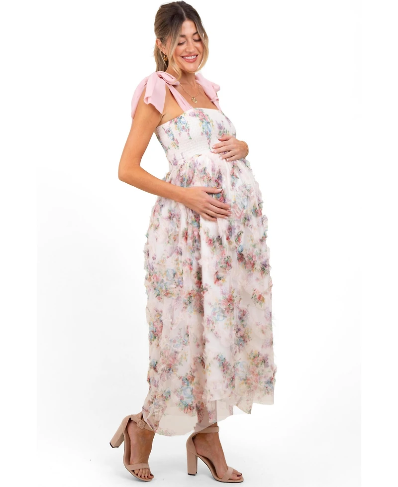Pinkblush Maternity Cream Floral Smocked Shoulder Tie Ruffled Midi Dress