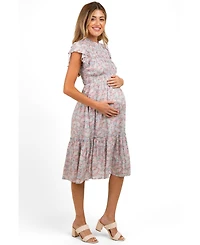 Pinkblush Maternity Light Blue Floral Mock Neck Smocked Ruffe Sleeve Midi Dress