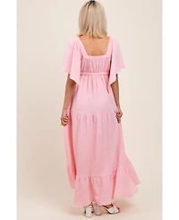 Pinkblush Light Blue Woven Textured Flutter Sleeve V-Neck Tiered Maternity Maxi Dress