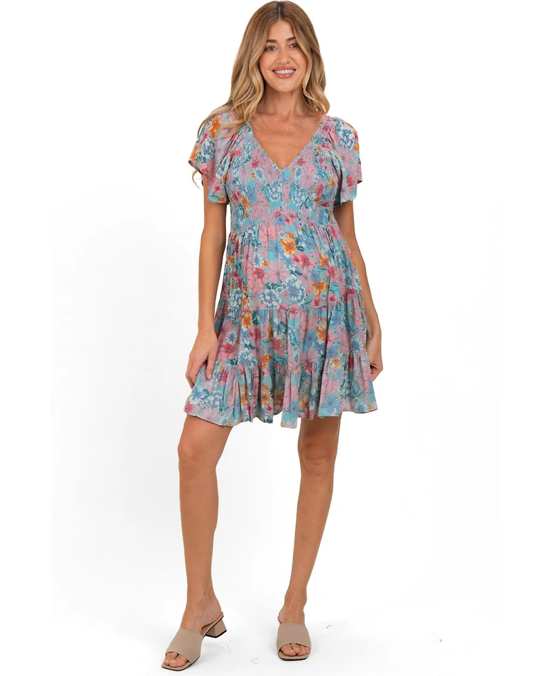 Pinkblush Maternity Teal V Neck Smocked Bust Short Sleeve Dress