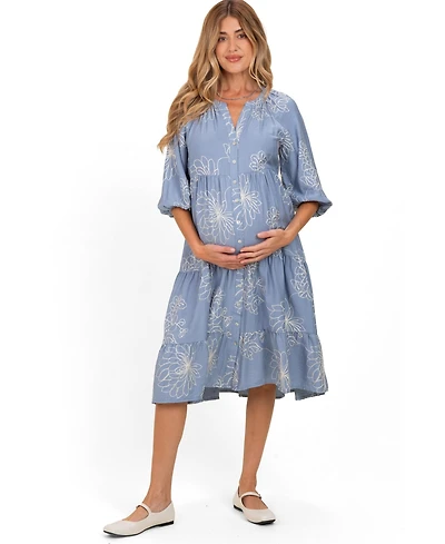 Pinkblush Maternity Blue Embroidered Tiered Midi Shirt Dress