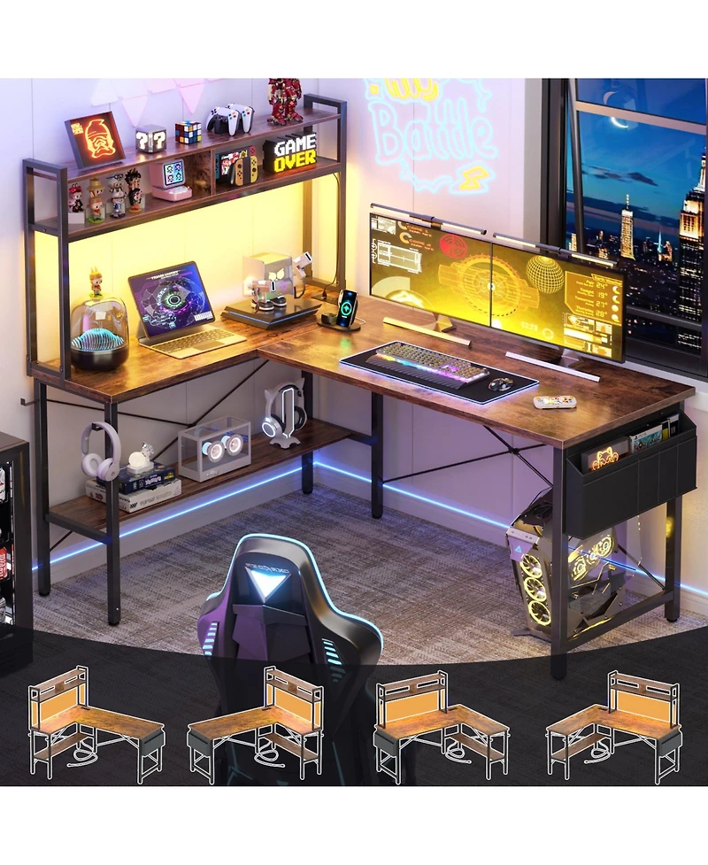 Aheaplus 49'' Reversible L Shaped Gaming Desk with Power Outlet and Led Lights, Corner Hutch & Monitor Stand