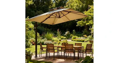 Clihome Outdoor Umbrellas,Offset Hanging Umbrella,Solar Led Cantilever Umbrella,with 360°Rotation,Cross Base,Ribs,Tilt and Crank