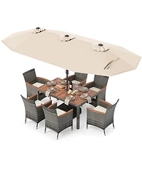 Sugift 8-Piece Outdoor Wicker Dining Furniture with 13.5 Ft Double-Sided Patio Umbrella