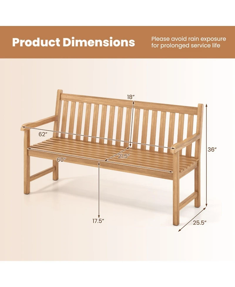Sugift 62in Teak Outdoor Porch Bench 3-Seat Solid Wood Patio Bench with Armrests