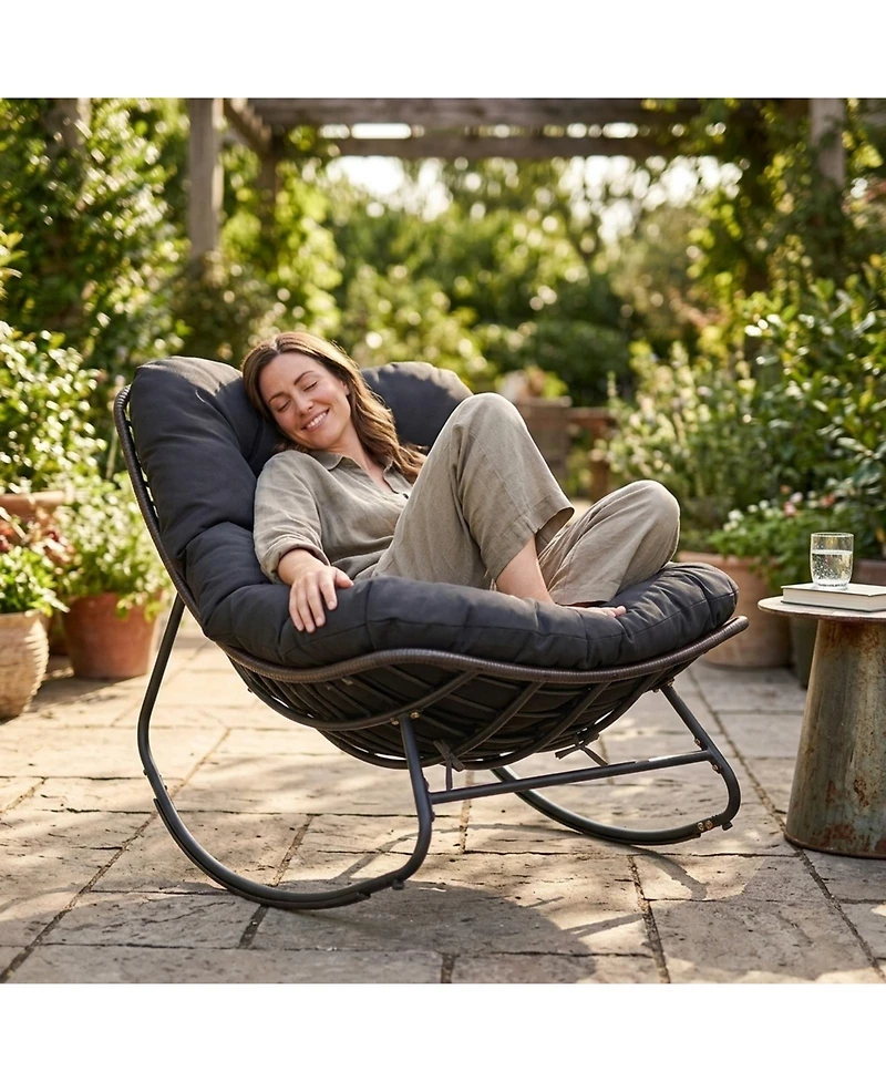 Sugift Outdoor Papasan Rocking Chair with 6.5in Thick Cushion and Non-Slip Pads
