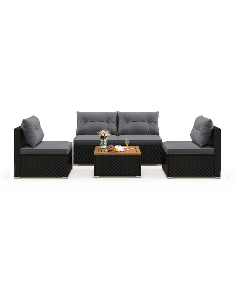 Gouun 5-Piece Pe Rattan Conversation Set with Acacia Wood Table and Cushions