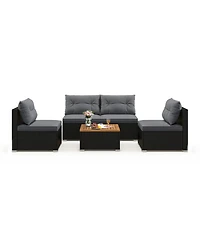 Gouun 5-Piece Pe Rattan Conversation Set with Acacia Wood Table and Cushions