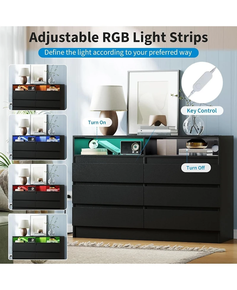 gaomon 6 Drawer Dresser with Charging Station and Led Lights, Modern Chest of Drawers Power Outlet, Organizer Cabinet for Bedroom, Living Room