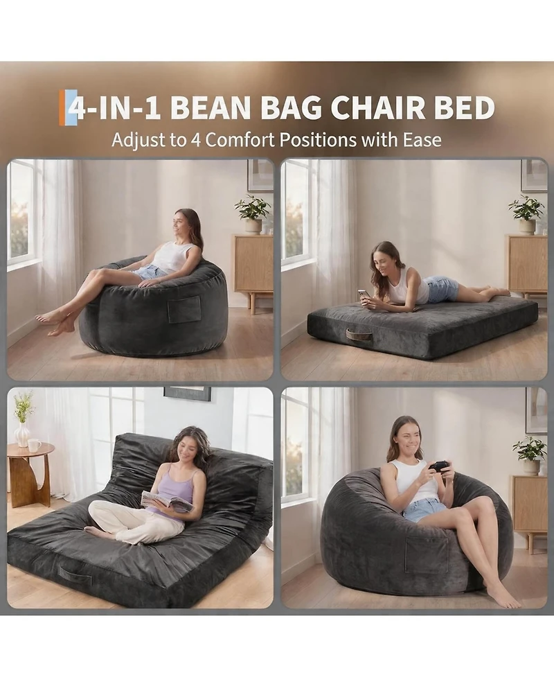 gaomon 4 in 1 Adult Bean Bag Chair, 4ft - Memory Foam Filler and Removable Cover - Oversized Flannel Lazy Sofa Couch Bed for Adults and Teens