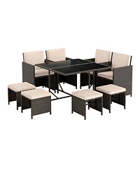 Sugift 9-Piece Rattan Patio Dining Set with Tempered Glass Table and Ottomans