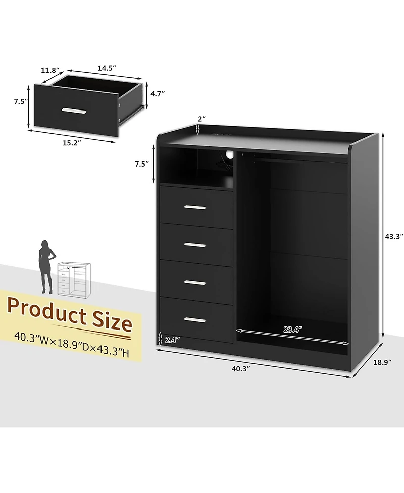 gaomon Dresser with Hanging Rack for Bedroom, 4 Drawer Dresser with Led Lights and Charging Station