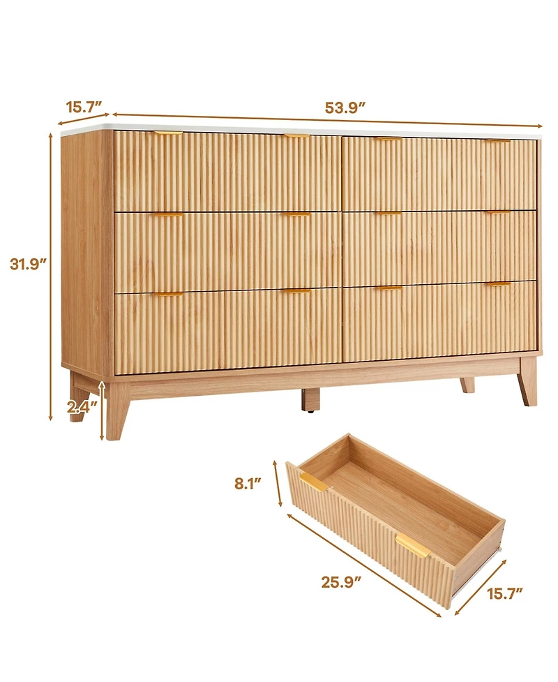 homfan Fluted 6 Drawer Dresser with Handles