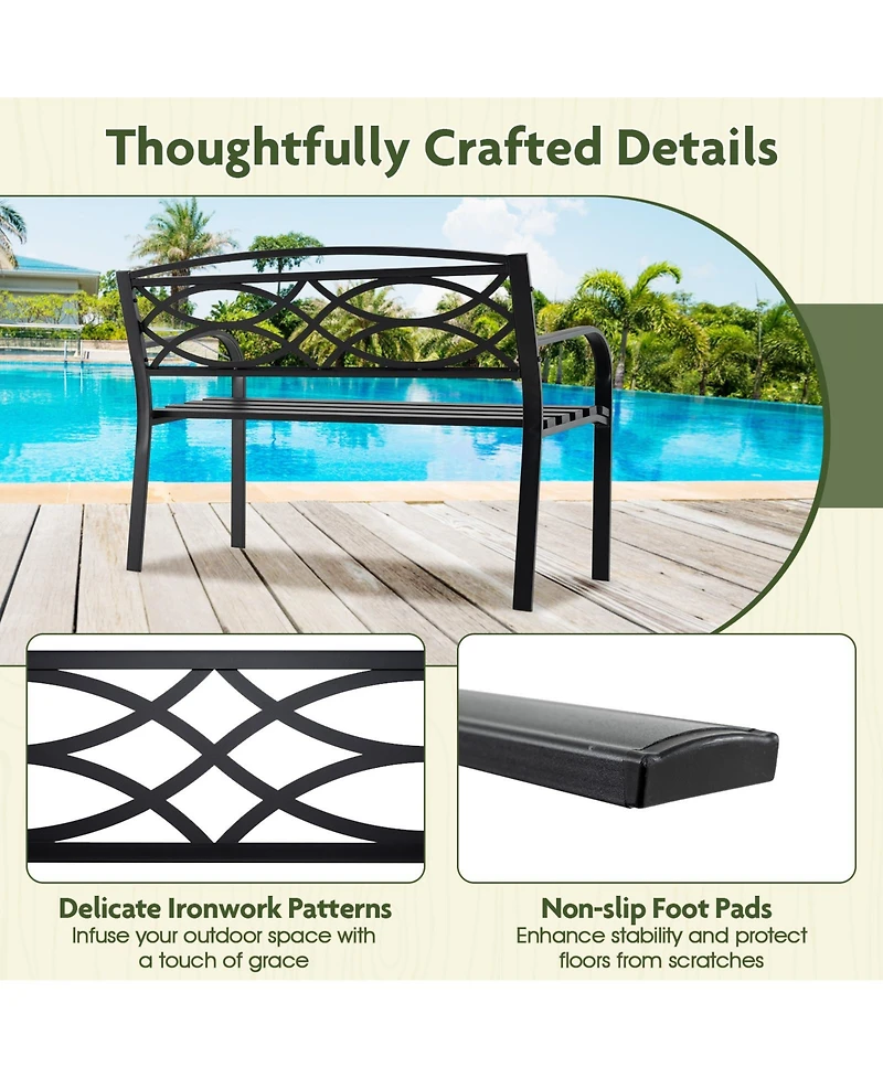 Sugift Metal Garden Bench with Curved Armrests and Slatted Backrest