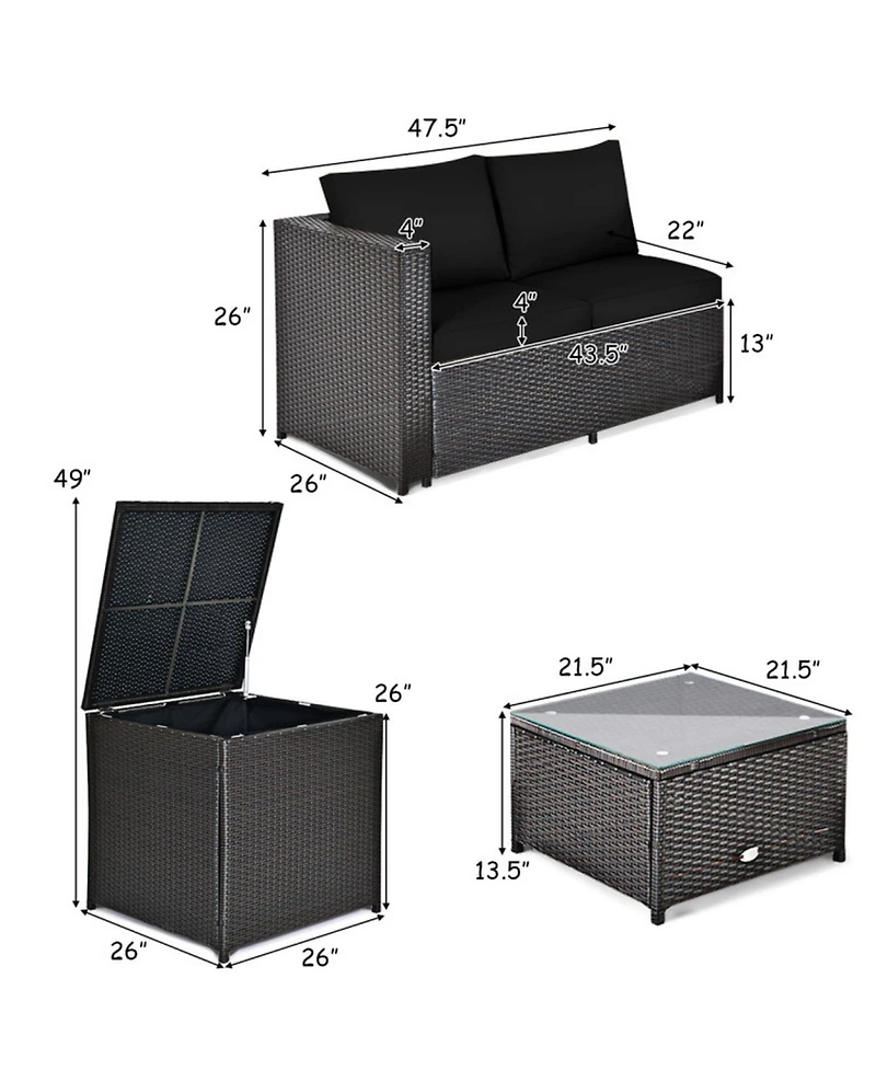 Gouun 4-Piece Outdoor Rattan Sectional Set with Loveseat, Storage End Table and Glass Top