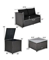 Gouun 4-Piece Outdoor Rattan Sectional Set with Loveseat, Storage End Table and Glass Top