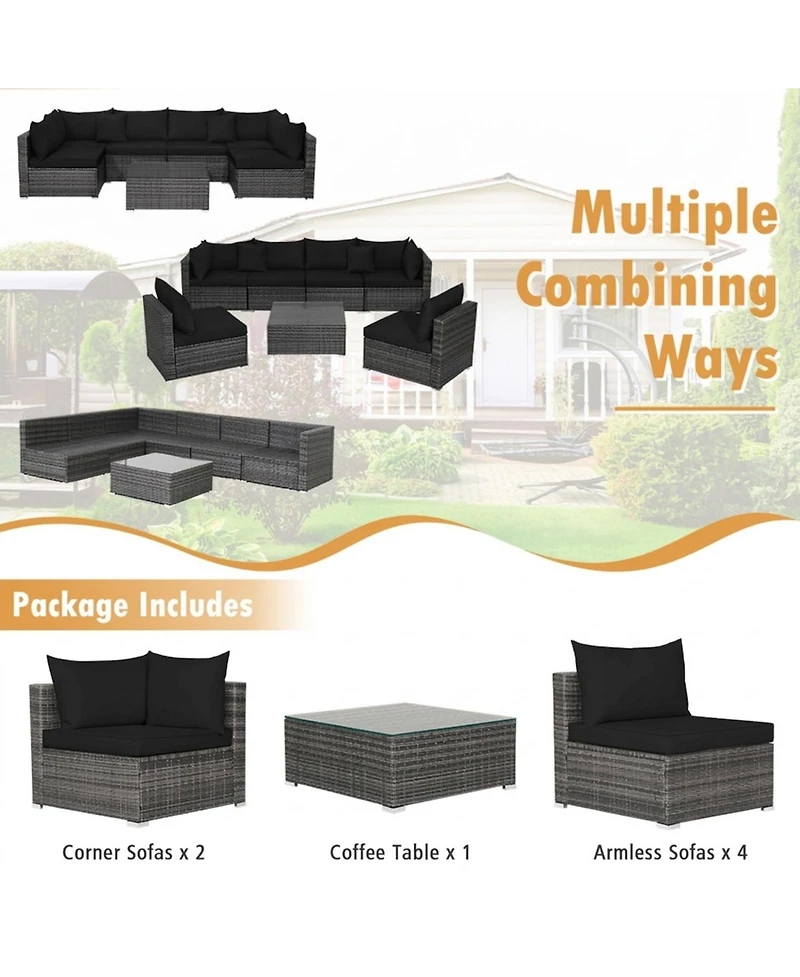 Gouun 7-Piece Rattan Sectional Sofa Set with Glass Coffee Table