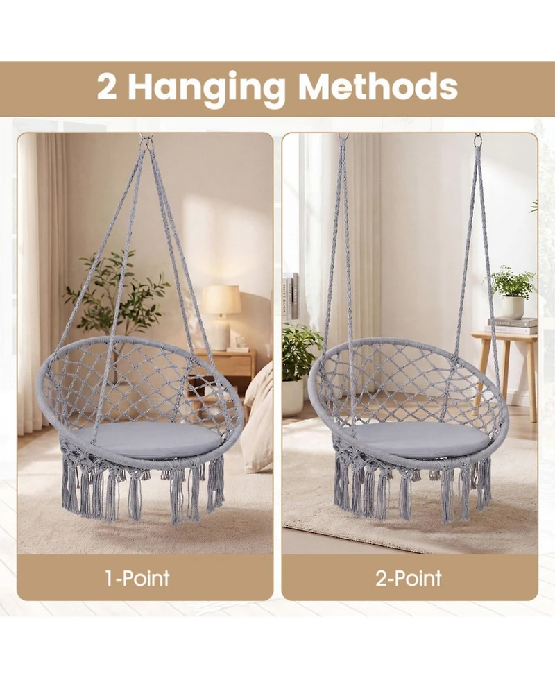 Sugift Macrame Hammock Swing Chair with Round Seat Cushion 2 Hanging Methods