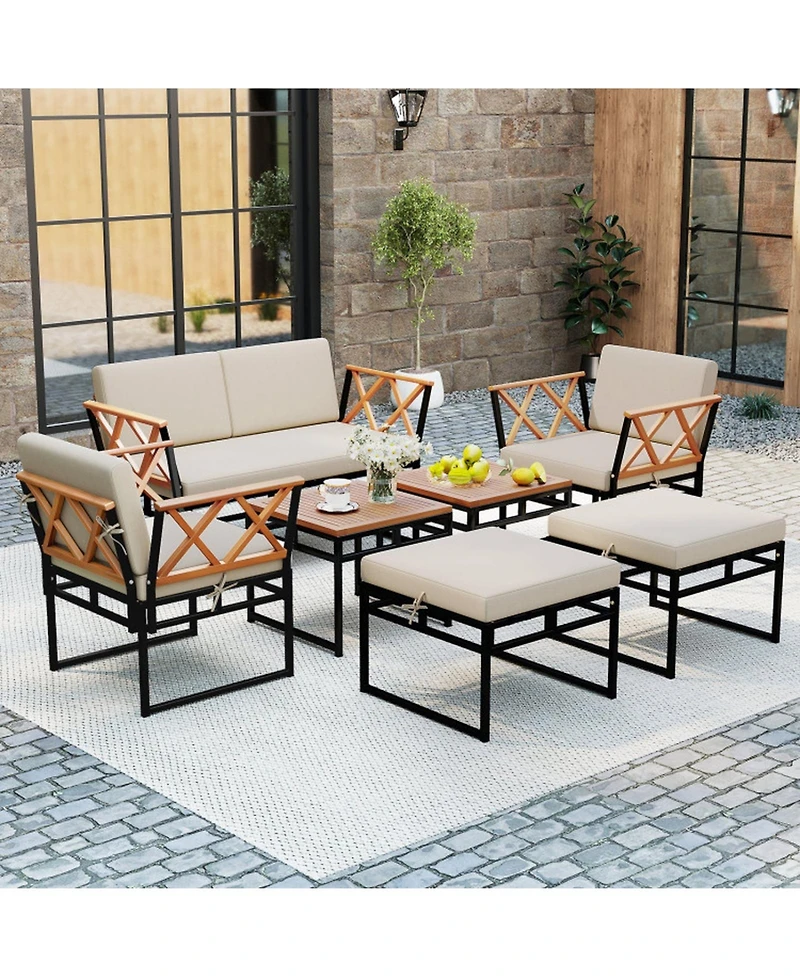 Gouun 7-Piece Outdoor Conversation Set with Bungee Rope Seats, Ottomans, and Coffee Table