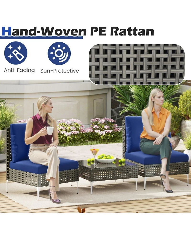 Gouun 3-Piece Pe Rattan Conversation Chair Set with Tempered Glass Coffee Table