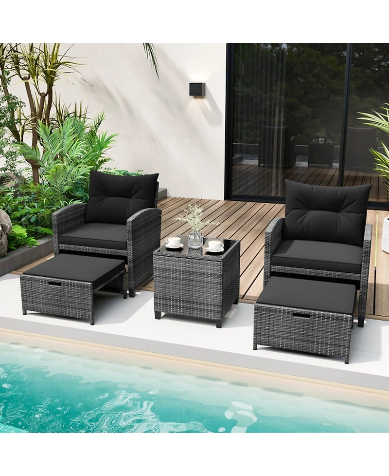 Gouun 5-Piece Pe Rattan Patio Set with 2 Ottomans, Chairs and Tempered Glass Coffee Table