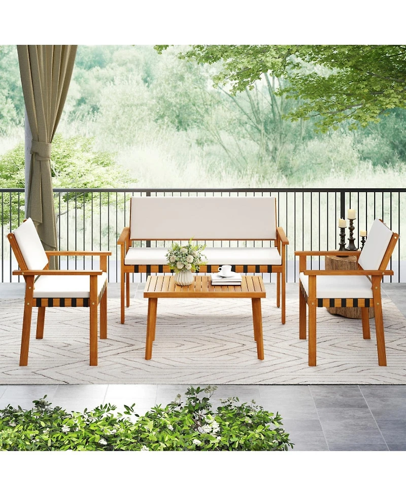 Sugift 4-Piece Solid Acacia Wood Outdoor Seating Set with Nylon Webbing