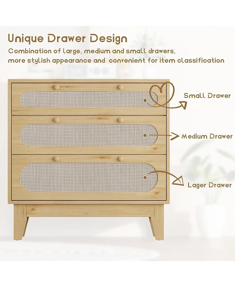 gaomon Modern Rattan 3 Drawer Dresser, Sturdy Wooden Chest, Spacious Bedroom Storage Organizer for Hallway, Closet, Bedroom or Living Room.