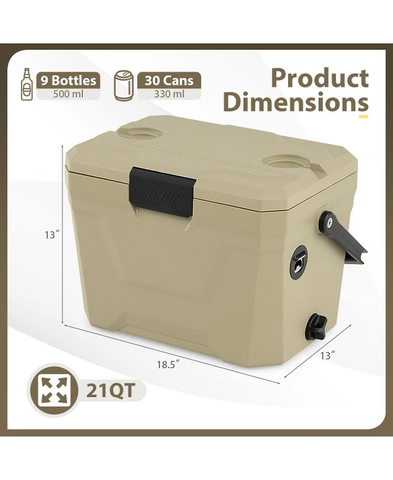 Sugift Insulated Portable Hard Shell Ice Chest Cooler with 2 Cup Holders 21-Quart