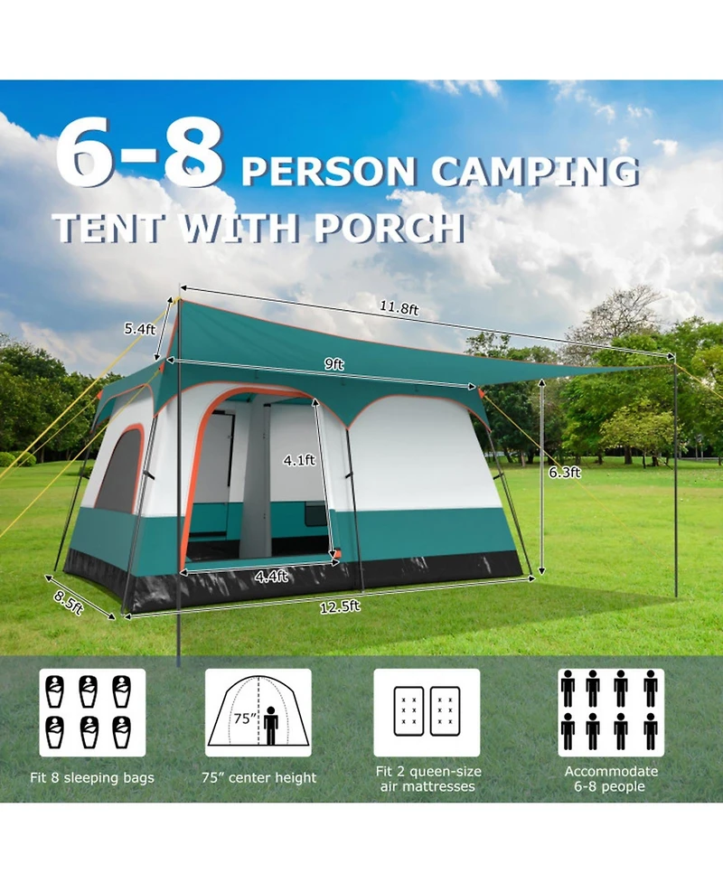 Gouun 6 to 8 Person Camping Tent with Double Rooms 2 Doors and Covered Porch