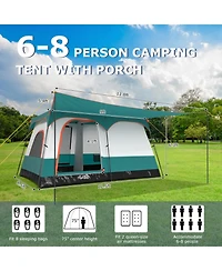 Gouun 6 to 8 Person Camping Tent with Double Rooms 2 Doors and Covered Porch