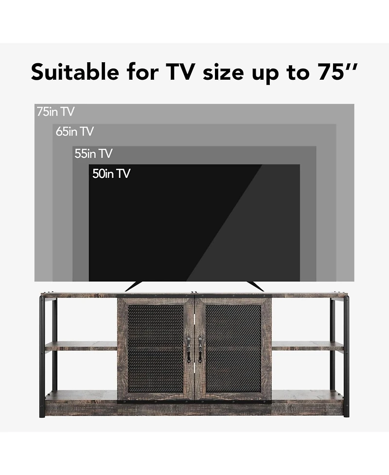 homfan Industrial Farmhouse Tv Stand for 65+ Inch - Gray Media Console with Mesh Doors and Adjustable Shelves, Heavy-Duty Metal Frame