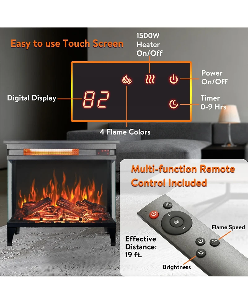 Clihome 24 inch Three Sided Glass Electric Fireplace Freestanding Heater