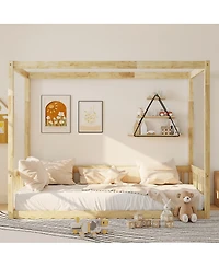 Streamdale Furniture Twin Size Canopy Frame Floor Bed with Fence Guardrails
