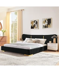 Streamdale Furniture Queen Size Extra Large Chenille Platform Bed with Curved Headboard