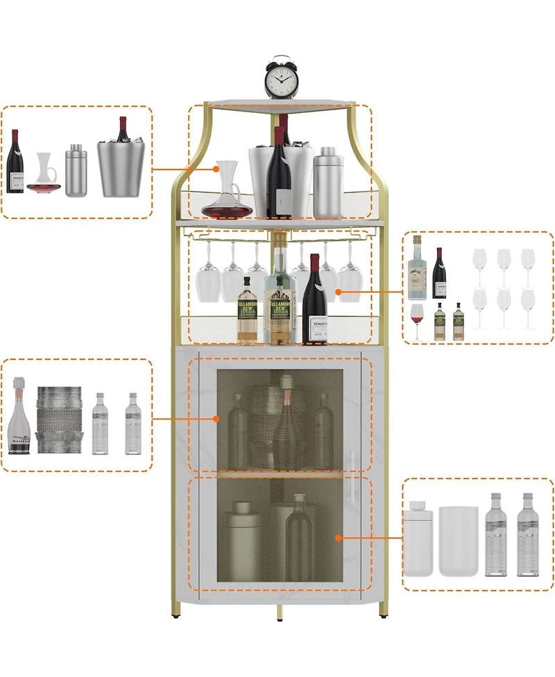 gaomon Corner Wine Cabinet with Detachable Wine Rack, 5-Tier Industrial Corner Bar Cabinet with Barn Door and Glass Holder