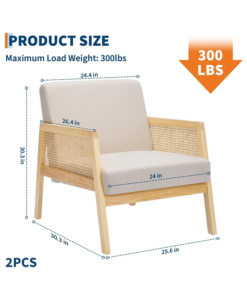homfan 2 Piece Mid-Century Accent Chair with Rattan Armrests, Linen Upholstery, Thick Cushions, Wood Legs, Lounge Chair for Living Room