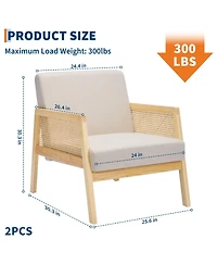 homfan 2 Piece Mid-Century Accent Chair with Rattan Armrests, Linen Upholstery, Thick Cushions, Wood Legs, Lounge Chair for Living Room