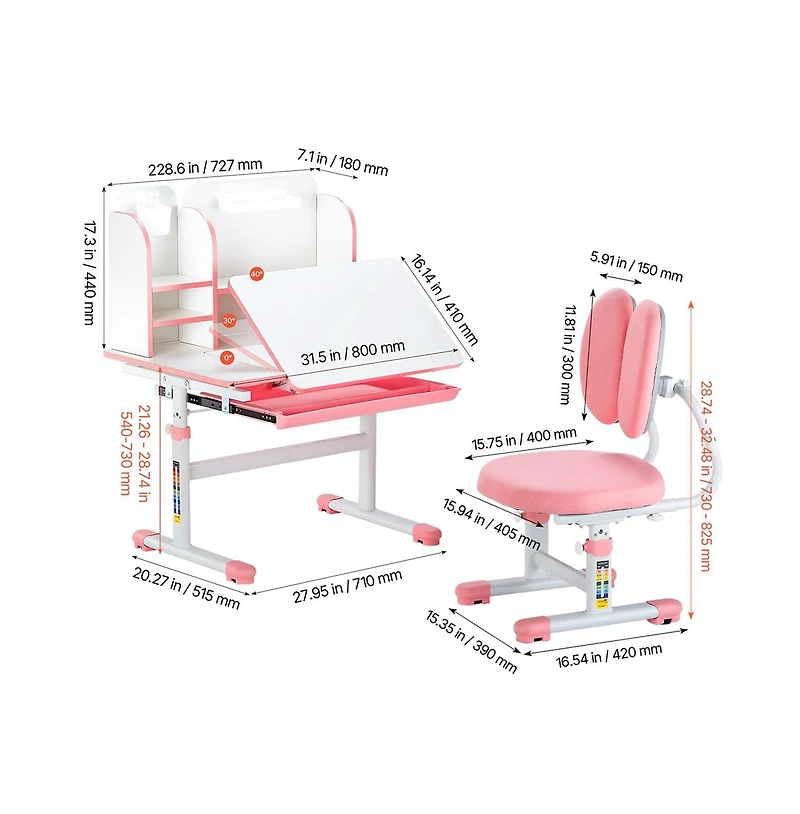 Sugift Kids Study Desk and Chair Set with Bookshelf, Storage Drawer, Adjustable Height and 0-40 Degree Tilt Desktop for Bedroom