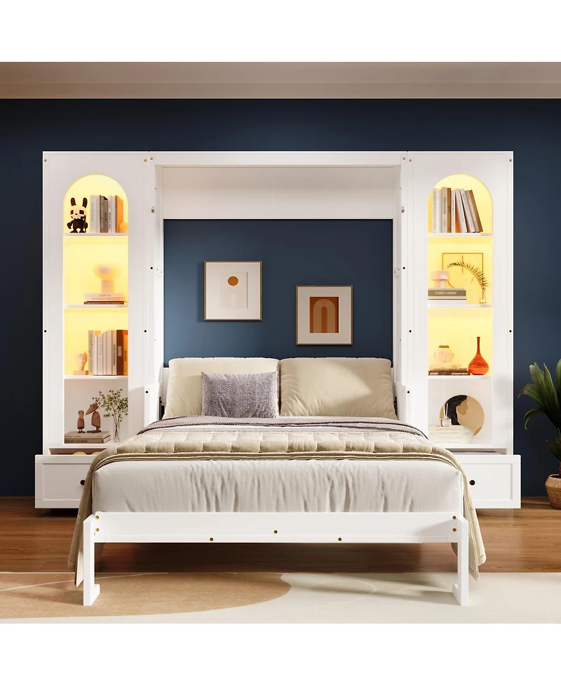 Streamdale Furniture Queen Size Murphy Platform Bed with Shelf Side Cabinets Drawers and Led