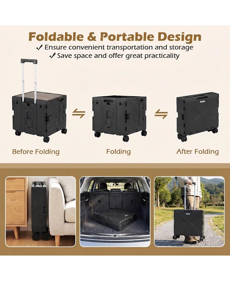 Mecale Foldable Utility Cart on 4 Rotating Wheels with Cup Holder, 75-l Capacity