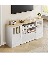 homfan Mid-Century Modern Tv Stand for 75" TVs, Wave-Textured Media Console with 2 Glass Cabinets, Open Shelves and Cable Management