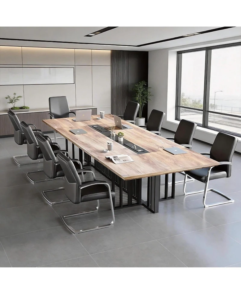Logicfox Conference Table with Wireless Charging - 2" Thick Top and Metal Grid Base 2 Built-in Power Outlets and Usb