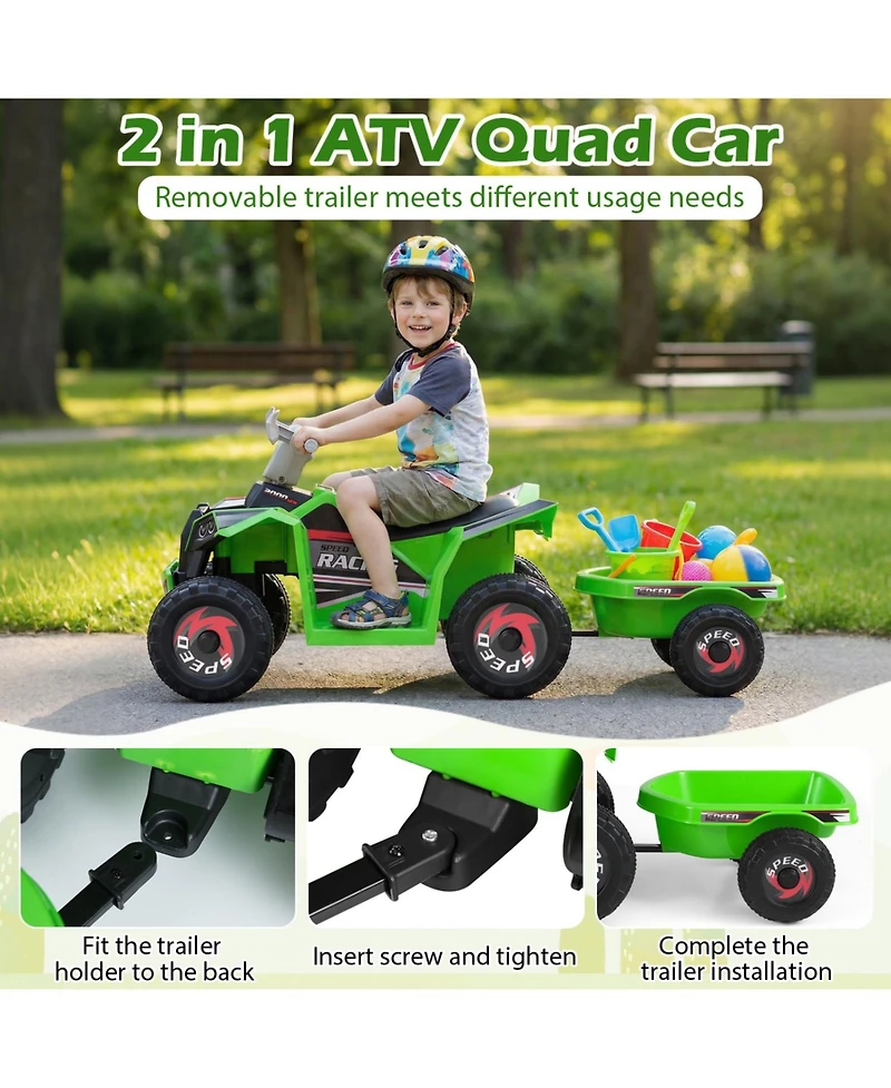 Mecale 6V Kids Electric Atv Quad with Detachable Trailer, 66-lb Capacity
