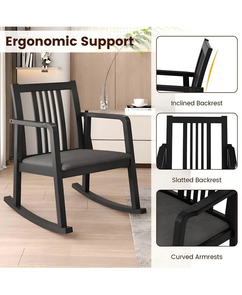 Sugift Solid Rubber Wood Rocking Chair with Cushioned Linen Seat