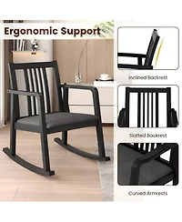 Sugift Solid Rubber Wood Rocking Chair with Cushioned Linen Seat