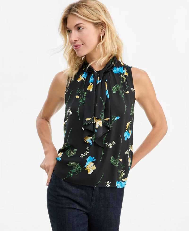I.n.c. International Concepts Women's Sleeveless Floral-Print Ruffle Front Blouse, Macy's Exclusive