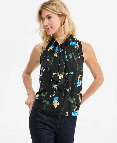 I.n.c. International Concepts Women's Sleeveless Floral-Print Ruffle Front Blouse, Macy's Exclusive