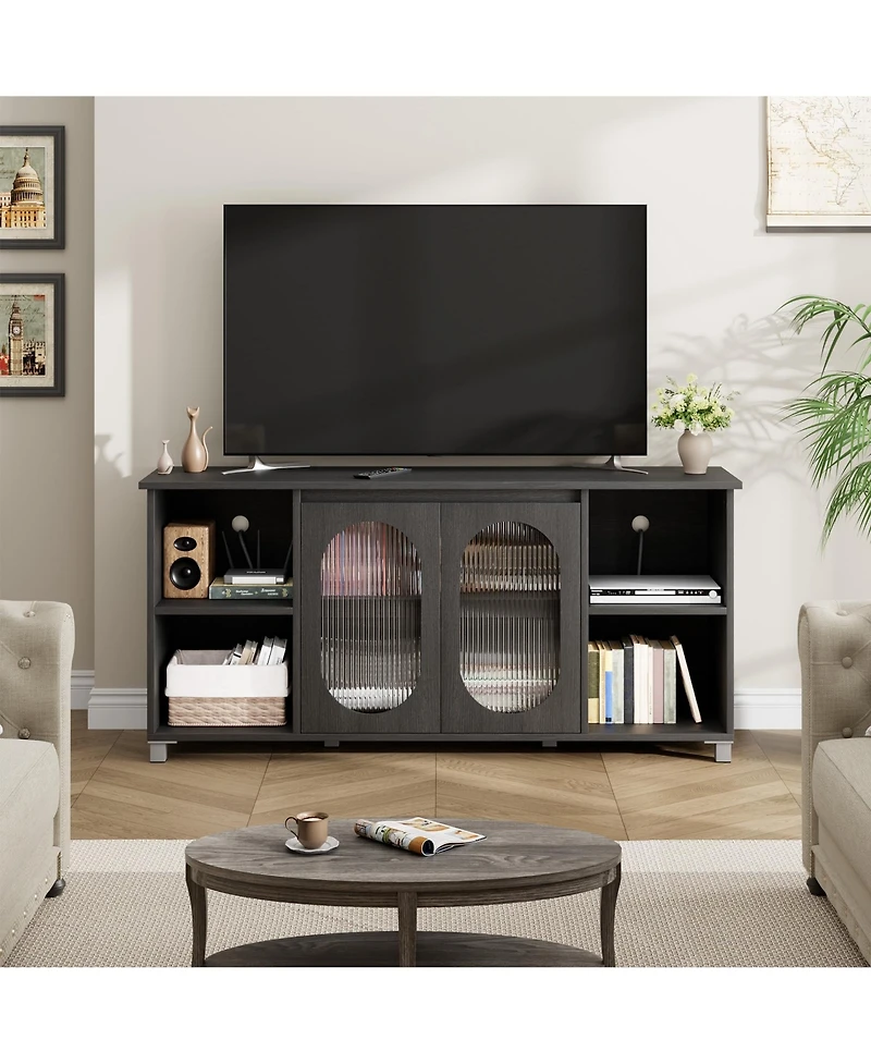 homfan Retro Tv Stand for Up to 70" TVs, Media Console with 2 Tempered Glass Cabinets, 4 Adjustable Shelves and Cord Management